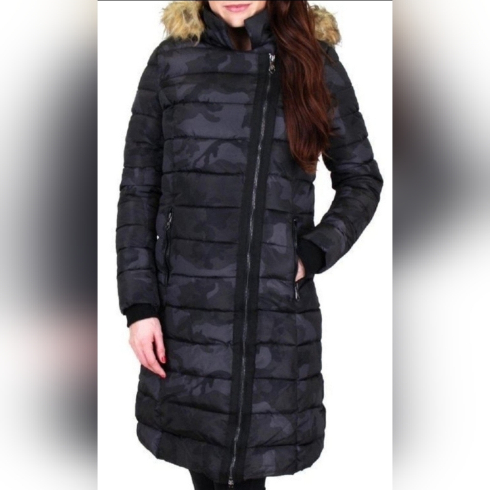 Nanette Lepore Asymetrical Hooded Puffer Coat Jacket Parka Thumbholes SIZE Small